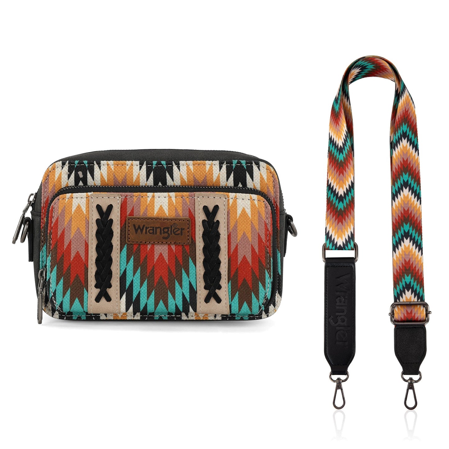 PREORDER Wrangler Southwestern Pattern Dual Sided Print Crossbody Purse With Wallet Compartment - Black