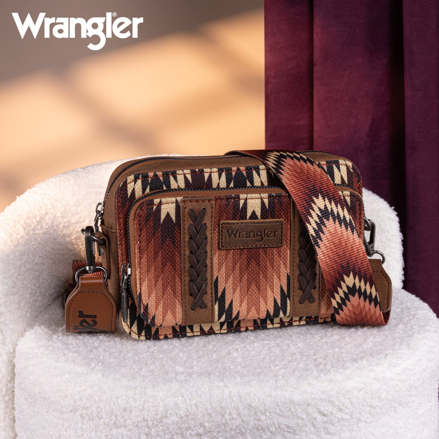 PREORDER Wrangler Southwestern Pattern Dual Sided Print Crossbody Purse With Wallet Compartment - Black