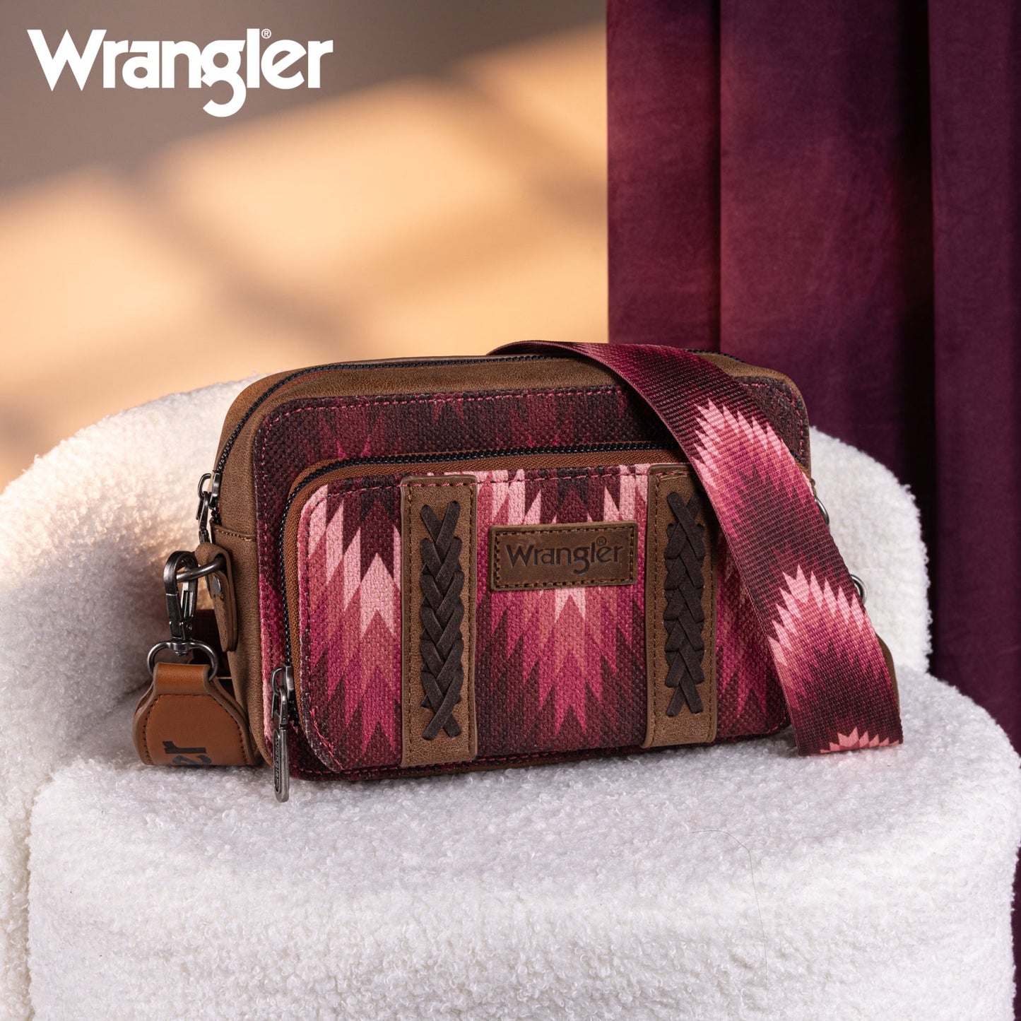 PREORDER Wrangler Southwestern Pattern Dual Sided Print Crossbody Purse With Wallet Compartment - Black