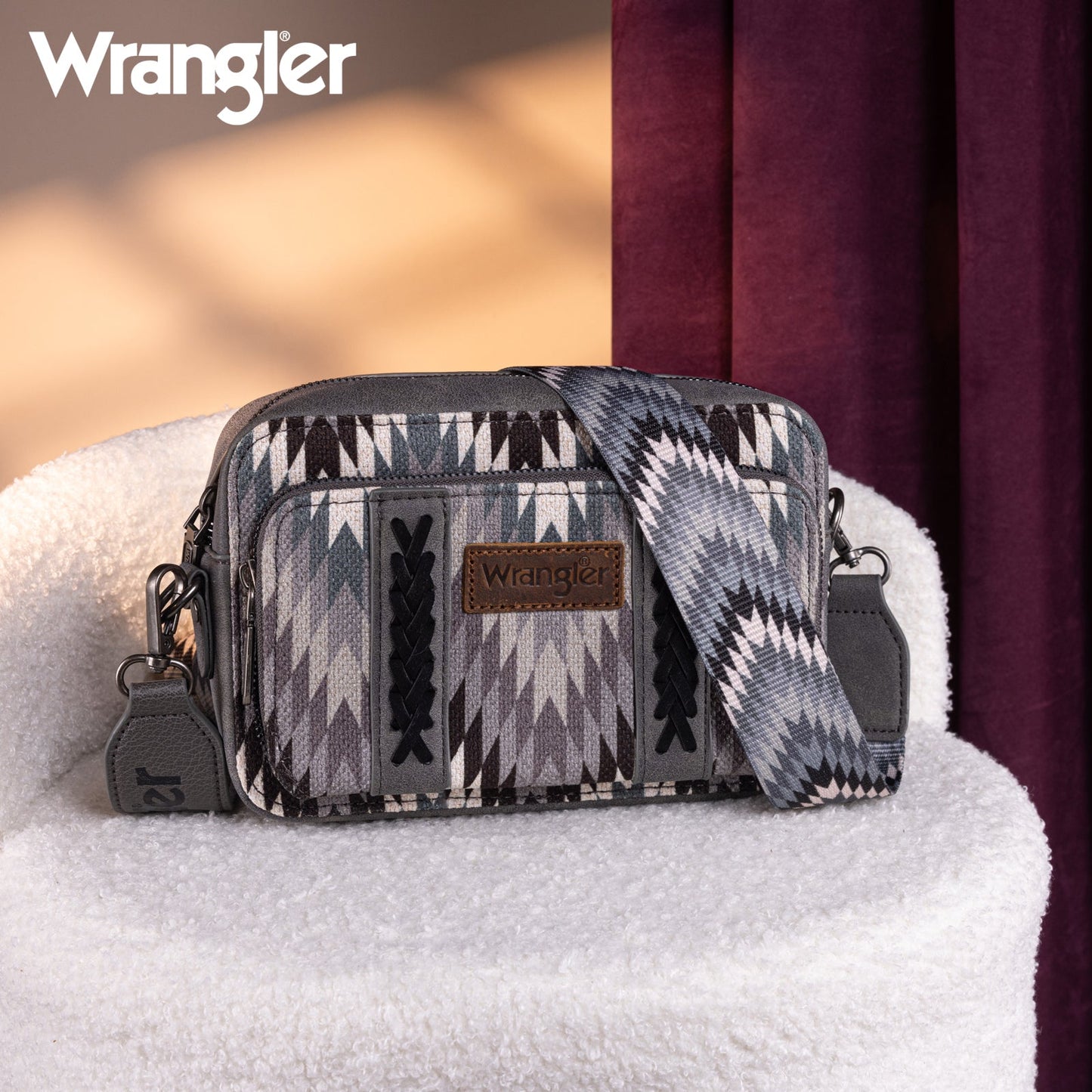 PREORDER Wrangler Southwestern Pattern Dual Sided Print Crossbody Purse With Wallet Compartment - Black