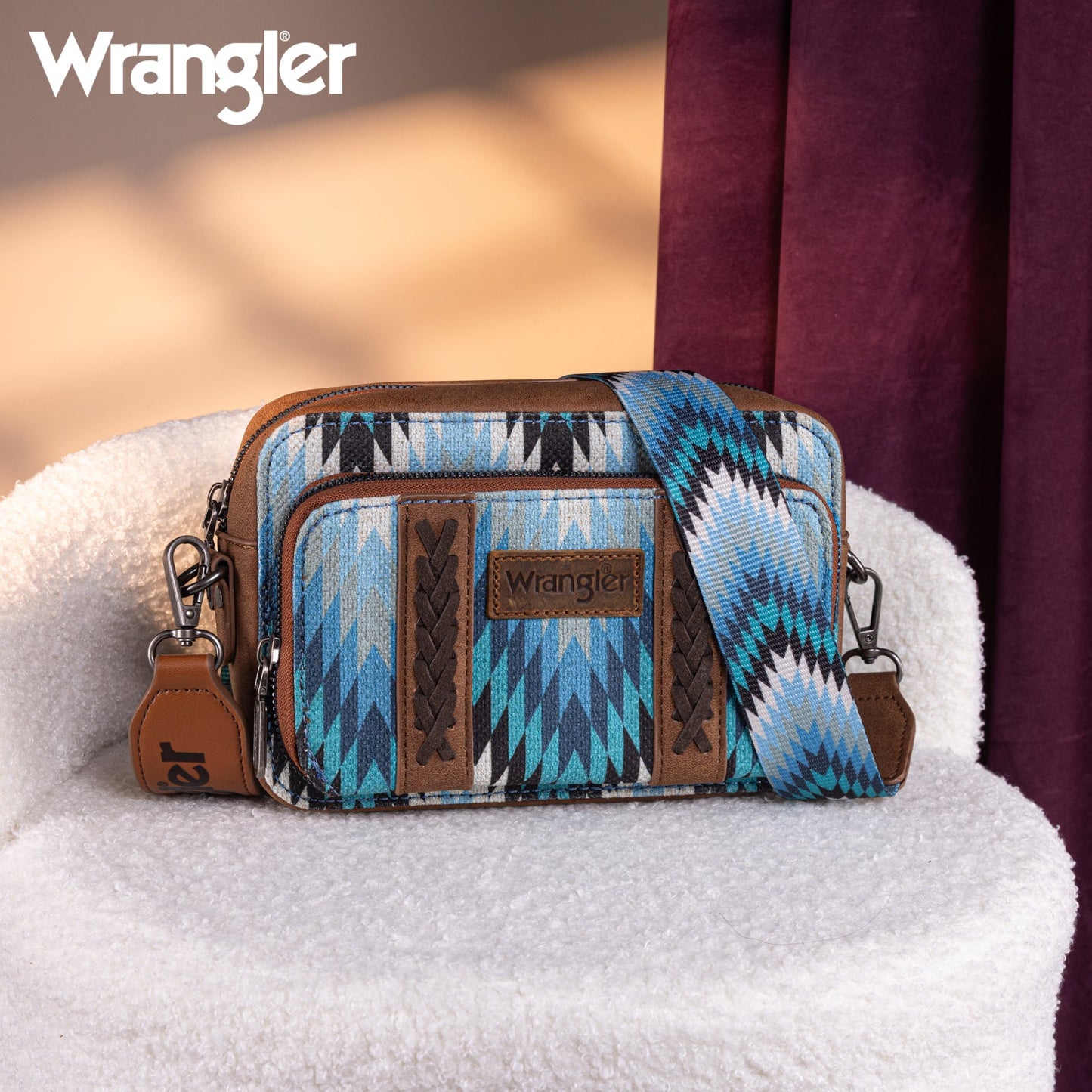 PREORDER Wrangler Southwestern Pattern Dual Sided Print Crossbody Purse With Wallet Compartment - Black