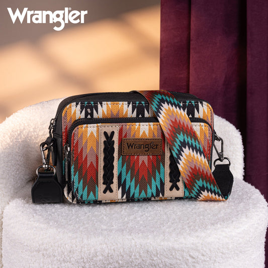 PREORDER Wrangler Southwestern Pattern Dual Sided Print Crossbody Purse With Wallet Compartment - Black